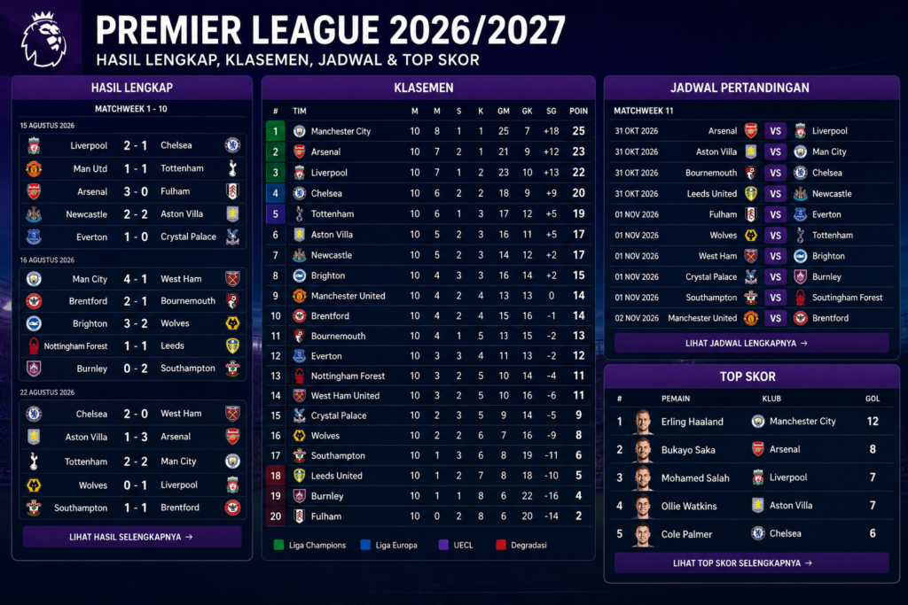 Hasil Lengkap, Klasemen, Jadwal dan Top Skor Premier League 2026/2027